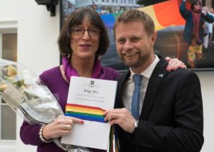 Norwegian Health Minister Bent Høie presents the proposed new law to transgender rights activist John Jeanette Solstad Remø. Credit: Amnesty International.