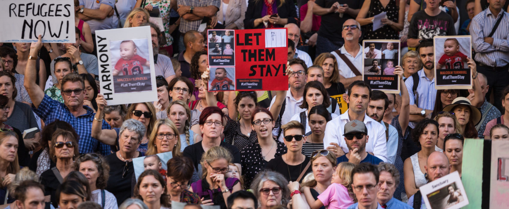 SYDNEY TOWN HALL, SYDNEY, AUSTRALIA - 2016/02/08: Protesters at Town Hall Square gathered to demonstrate against offshore detention. With mounting public and political pressure against the Australian Federal Government an estimated 4000 protesters rallied at Sydney Town Hall to demonstrate their opposition to the deportation and  detention of asylum seeker children to the offshore processing centers of Manus Island and Nauru. The protesters called for the abandonment of all offshore detention with the vocal message of 'let them stay'. (Photo by Richard Ashen/Pacific Press/LightRocket via Getty Images)

GI_ ID No 509063408