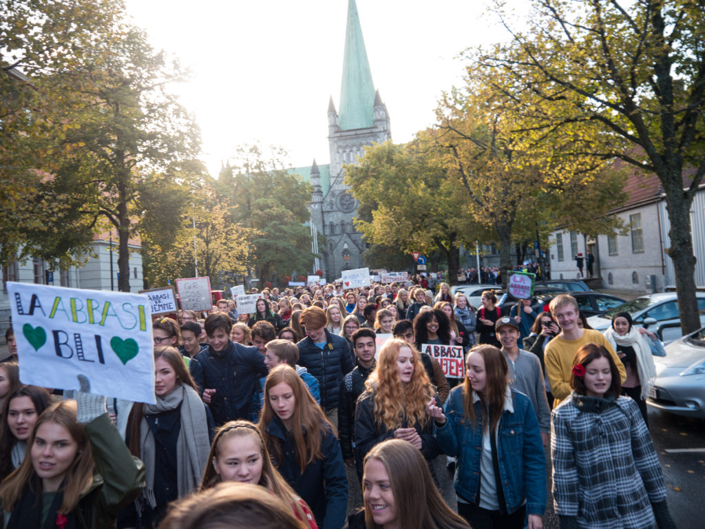 A demonstration in Trondheim, Norway’s third largest city, on 3 October 2017. Organised by a group of high school students, it saw over 1,000 people pour into the main city square to protest against the government’s threat to deport their 18-year-old classmate, Taibeh Abbasi, and her family to Afghanistan. Some of the placards read “From love and peace to an unknown place”, “They are already home” and “Go down to Afghanistan yourself and see how safe it is”.