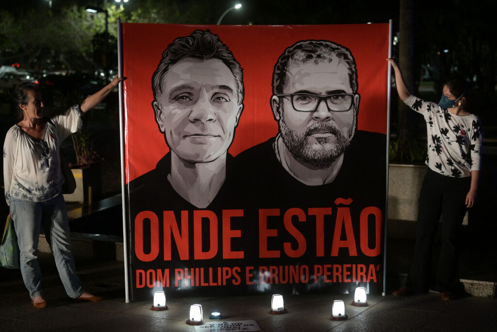 Employees of the National Indigenous Foundation protest over missing British journalist Dom Phillips and Brazilian Indigenous affairs specialist Bruno Pereira, in Brasilia, on June 9, 2022.