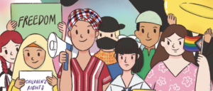 Illustration of children in Thailand at a protest