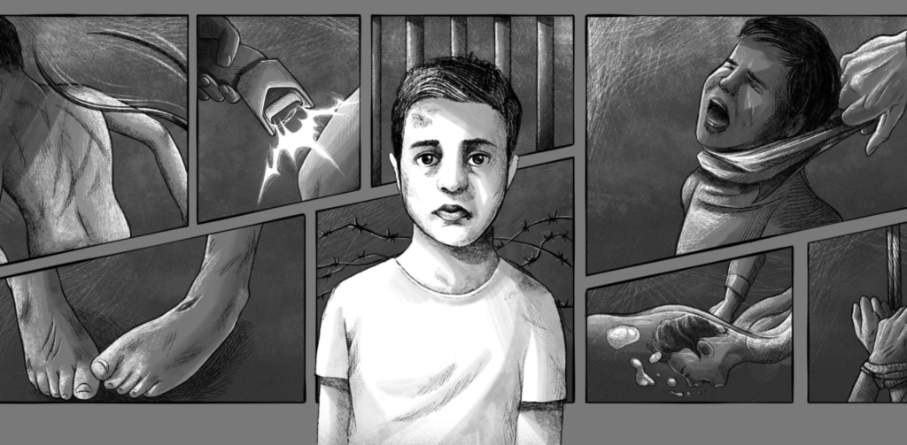 Illustration of child protestor being tortured in Iran