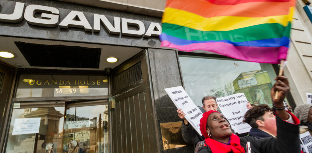 LGBTI activists stand outside Uganda House in protest
