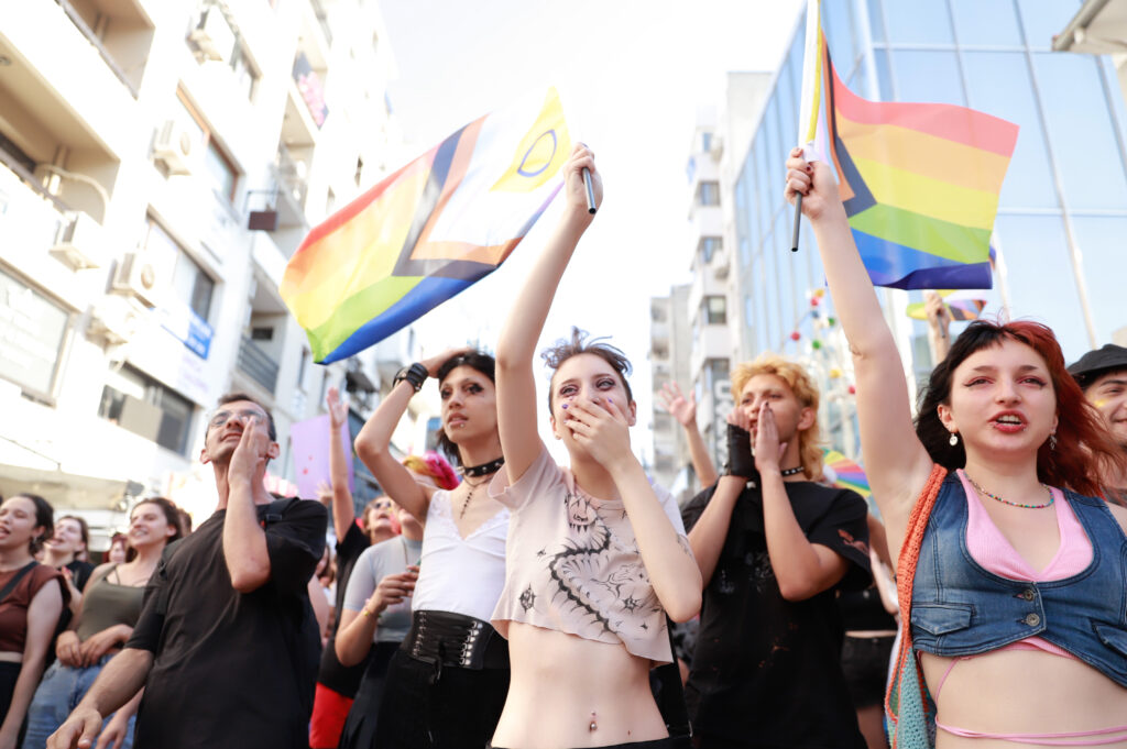 Members of the LGBT (lesbian, gay, bisexual, transgender) community take part in the 10th Izmir LGBTI+ Pride March in Izmir, Turkey, on Sunday, June 26, 2022. (Photo by: Berkcan Zengin/GocherImagery/Universal Images Group via Getty Images)
