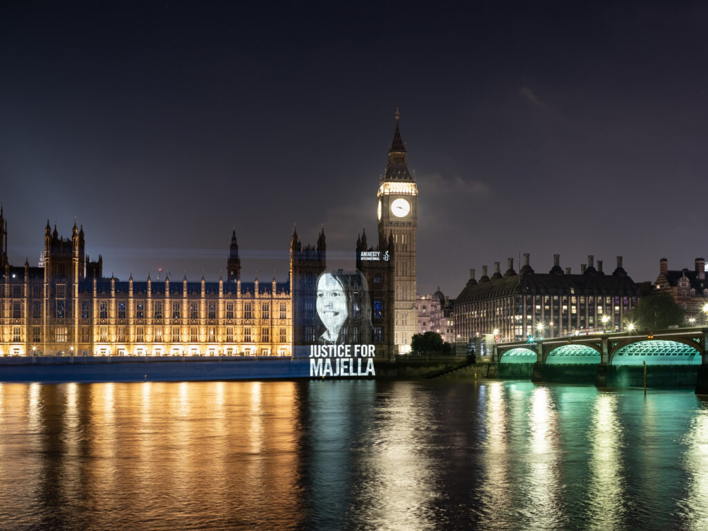 Justice for Majella projection on Westminster, to campaign against the Troubles Bill