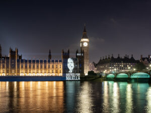 Justice for Majella projection on Westminster, to campaign against the Troubles Bill