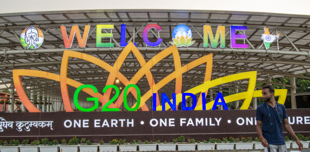 The welcome sign at the G20 summit in New Delhi