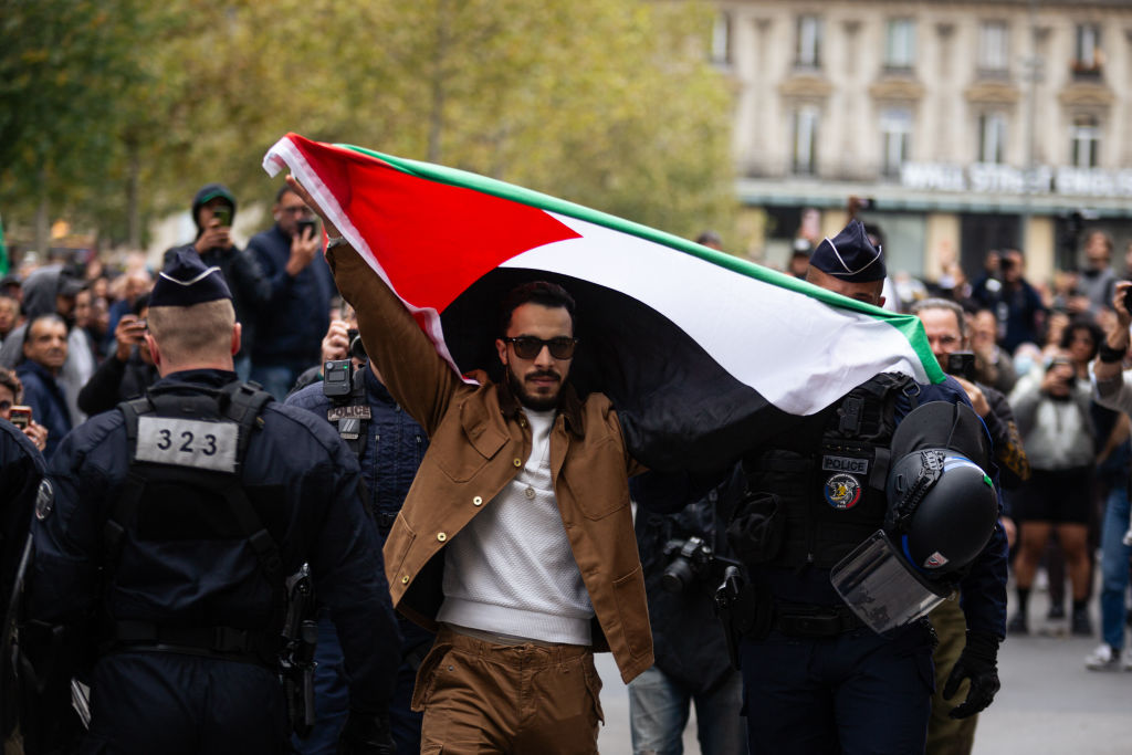 A protestor with a Palestine flag