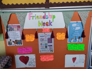 Friendship Week decorations on a school board