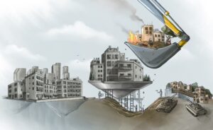 Digital illustration showing a large excavator bucket uprooting a section of Palestinian land that contains a burning building, several people, and an olive tree from the right side of a divided urban landscape. Below, Israeli figures stand beneath a raised platform with settlement buildings awaiting to replace the uprooted land, while tanks and a fortified wall appear on the right. On the left, a separate cluster of gray city buildings sits on previously seized land. The image uses floating land masses, construction equipment, and military imagery as visual metaphors for displacement, segregation, apartheid, and Israel’ ethnic cleansing in the occupied West Bank.