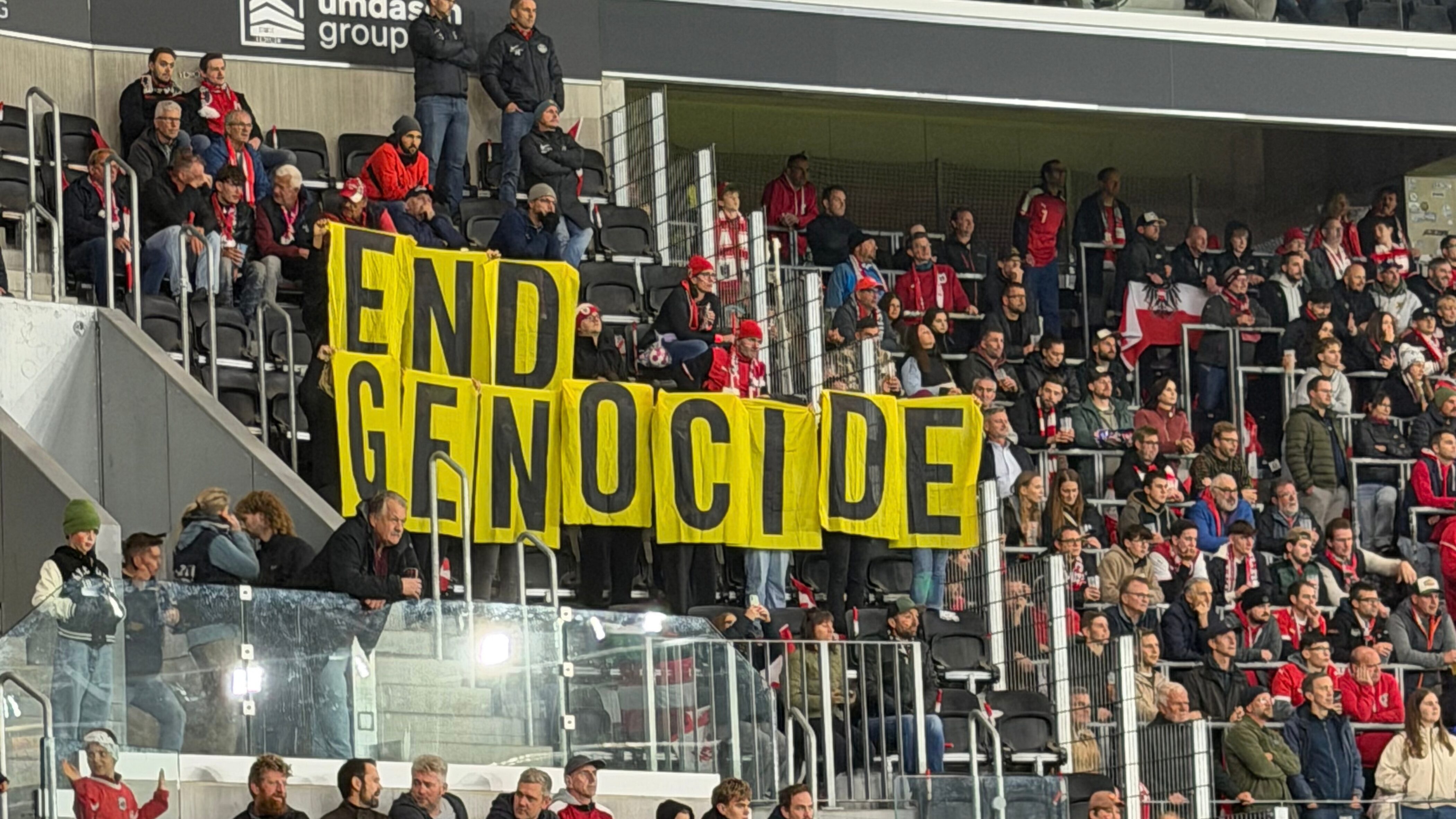 “End Genocide” protest at UEFA Nations League Israel game